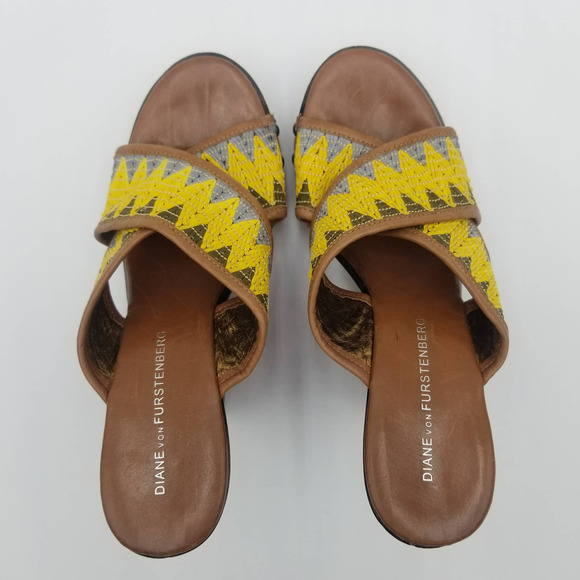 Diane von Furstenberg Wedge Heel Sandals Leather Straps Chevron Print Women's 7 - Picture 6 of 7